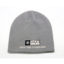 plain gray custom knitted beanie hat with woven label logo